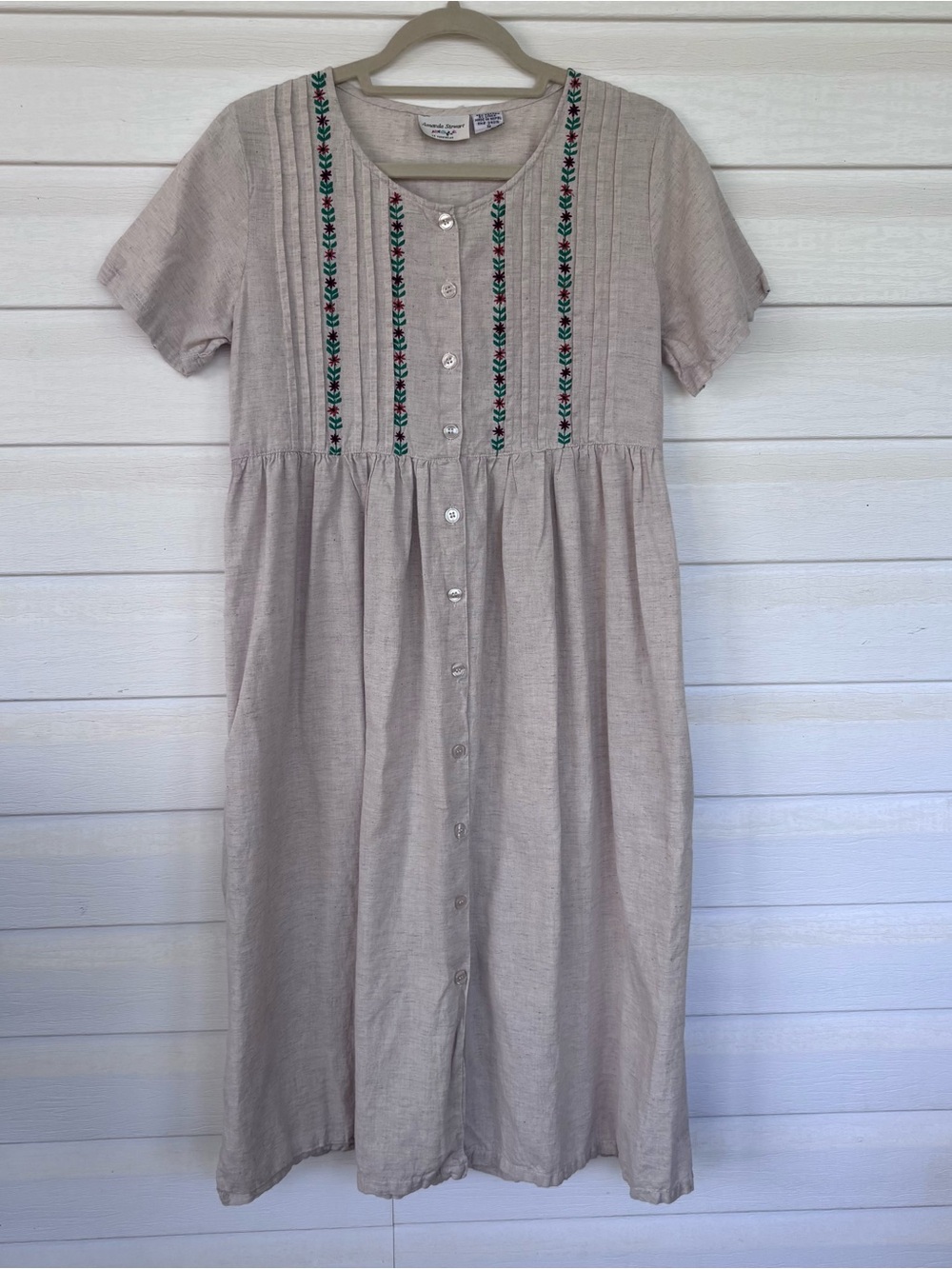 Vintage Amanda Stewart Embroidered Cotton Linen Midi Dress S Boho Folk